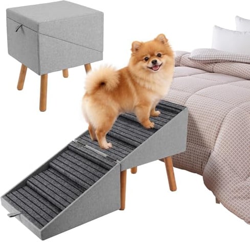 Hunde Treppe für kleine Hunde und Katzen für Couch und Bett, Klappbare 2-in-1 Holz Haustier Schritte für Welpen, Split Ottoman Design (Hellgrau-53,5 cm hoch)