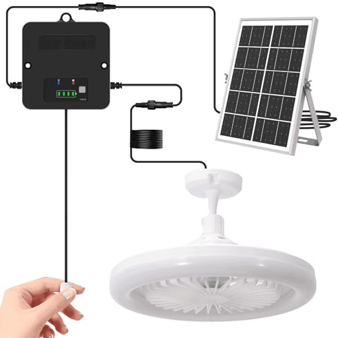 Solar Powered Fan with Light, 12000mAh 26 cm Ceiling Fan with Pull Cord | 3 Modes 6500K Day & Night Use, Power & Mode Indicator, IP65 Waterproof, Split Solar Panel Design for Shed Gazebo Patio