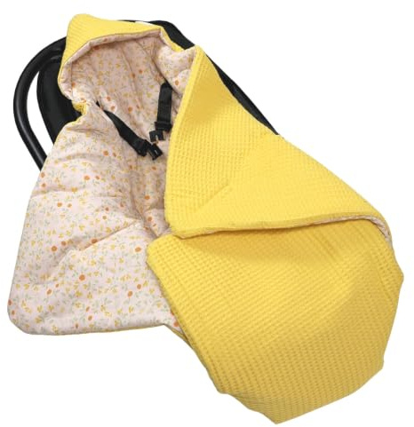 HOBEA-Germany Baby Einschlagdecke aus Bio-Baumwolle – Decke für Babys, Passend für 3- und 5-Punkt-Gurt, Verschiedene Designs (Waffelmuster senfgelb/Sommerwiese Altrosa)