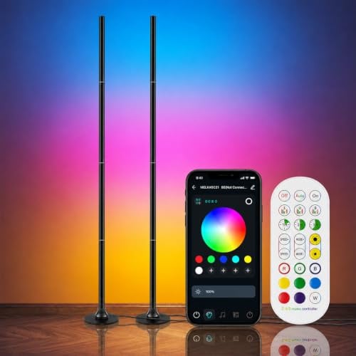 Aourow RGB LED Stehlampe 160CM, 2er Set Ecklampe Dimmbar | Smart App & Fernbedienung, 16 Millionen Farben, Musik Sync, DIY-Modus & Timing-Funktion, Für Schlafzimmer, Gaming