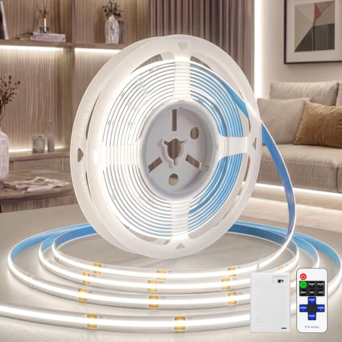 KSIBNW LED Streifen Batterie mit Fernbedienung 1M COB Strip Warmweiss 3000K | LED Streifen Batteriebetrieben Selbstklebend Indirekte Beleuchtung für Küche Vitrinen Treppen Bücherregal (Ohne Batterie)