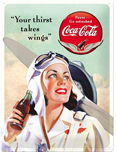 Nostalgic-Art Targa Vintage Cola – Takes Wings Lady – Idea Regalo per Amanti della Coca, in Metallo, Design Retro per Decorazione, 30 x 40 cm