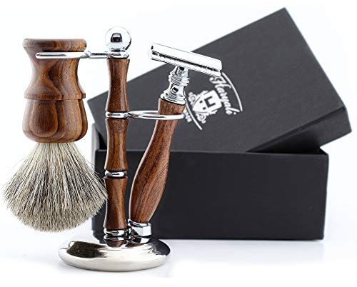 En Bois Rasoir De Sécurité Pinceau Rasage Badger Stylo Ensemble 3 Pièces Palissandre