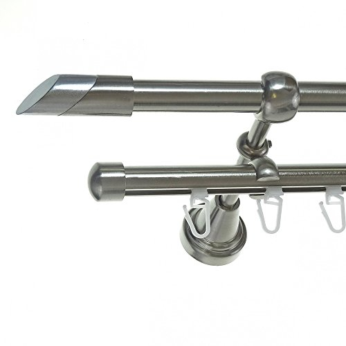 BASIT Rohr + Innenlauf Gardinenstange Wandmontage 2 läufig 280cm lang Edelstahl Look Metall Gardinenstange 2 läufig Wandbefestigung Ø16mm I H14+I