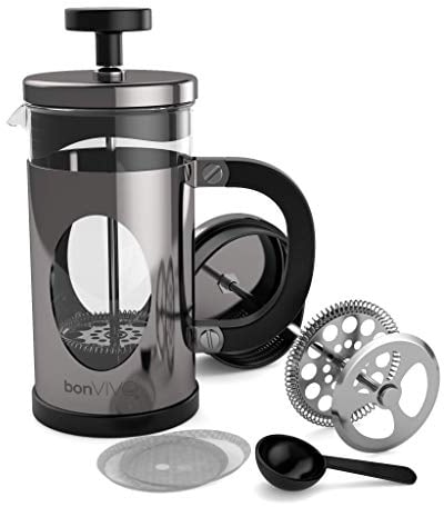 bonVIVO GAZETARO I - Cafetière à Piston, Cafetière Design French Press en INOX et Verre, Finition argentée avec filtres, Cuillère doseuse Incluse - Taille Petite : 0,35 L / 350 ML, 3 Tasses