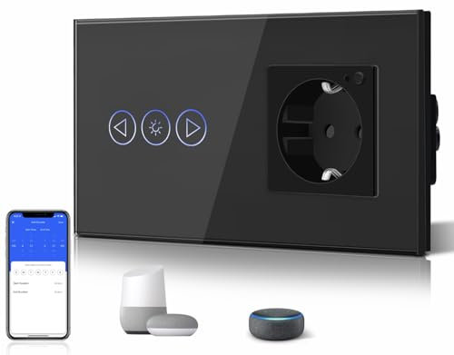 BSEED WiFi Smart Alexa Dimmer Lichtschalter mit Steckdose, Kompatibel mit Google Home Tuya, Glas Touchscreen-schalter Wlan Lichtschalter (Neutrale Leitung Benötigt) 1 Fach mit EU Steckdose Schwarz