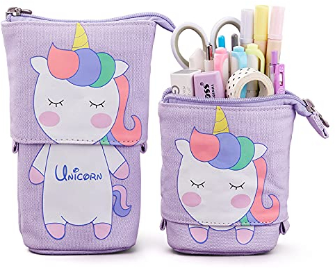Maomaoyu Licorne Trousse Telescopique pour Enseignants et Etudiants, Trousses Devient Pot a Crayon pour Enfant et Fille, Fourniture Scolaire Kawaii (Violet)