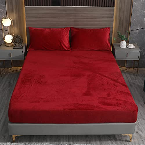 Damier Winter Spannbettlaken 200x200cm Rot Weinrot Flanell Plüsch Spannbetttuch Flauschig und Warmes Bettlaken geeignet für Matratzen bis 30cm