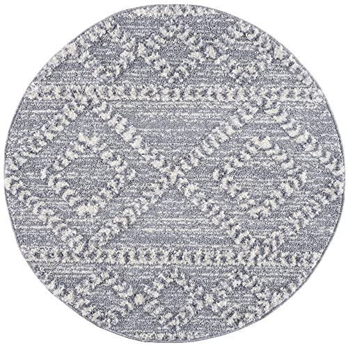 payé Teppich Rund - Hochflor - Boho - Pastellgrau Creme - 120x120cm - Modern Raute Meliert Muster - Skandinavisch Flauschig Weich - Wohnteppich Schlafzimmer Dekoration