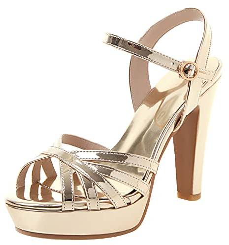 Lroey Reoly Sandalias para Mujer de Tacón Alto, Sandalias Punta Abierta Elegante Tacón Ancho Zapatos de Fiesta con Plataforma Hebilla Correa de Tobillo 070 Oro Talla 33 EU
