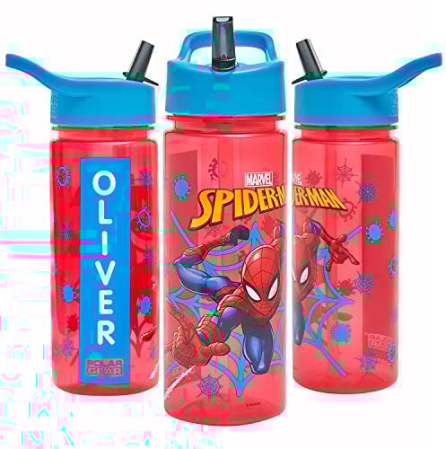 Marvel Spider-Man Personalised Sticker Water Bottle with Straw 500ml – Official Merchandise by Polar Gear Kids Reusable Non Spill BPA Free Tritan – Ideal For School Nursery Sports Picnic , Red & Blue