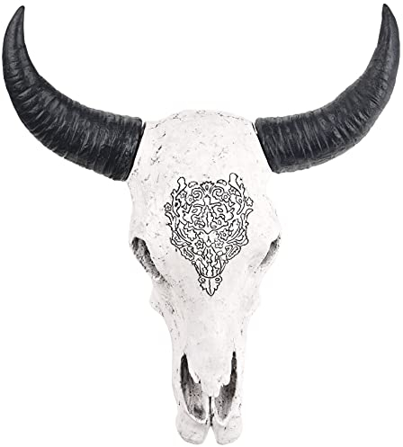 XINGYAN Harz Bull Kopf Ochse Schädel Kopf Wand Dekor Longhorn Schädel Skulpturen Plaque Art Handwerk Ornamente Hörner Statue Hängende Kunst für Home Decoration (Modell A)