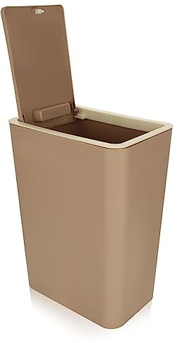 JMIATRY 12L Bedroom Bin with Lid, Press-Type Rubbish Bin with Top Lid, Plastic Waste Paper Bin for Bedroom, Toilet, Kitchen, Living Room and Office, 34x22x15cm, Brown