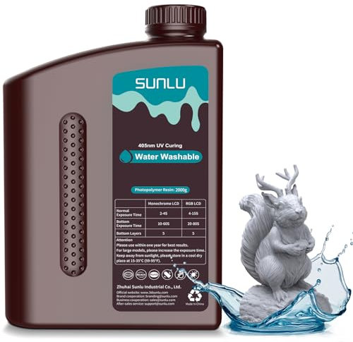 SUNLU Wasser Waschbares 3D Drucker Resin,2kg 405nm UV Schnell Härtend 3D Harz,für 2K 4K 8K LCD DLP SLA Resin 3D Drucker, Kein Alkohol Erforderlich, Hohe Präzision 3D Harz 2000g, Grau