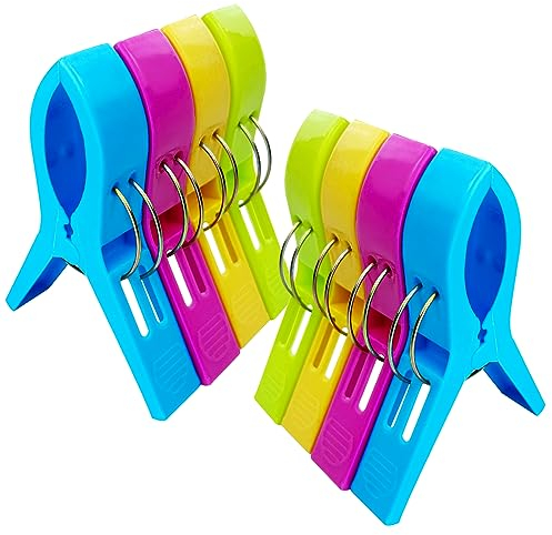 Nutabevr 8 Stück Farben Riesen Wäscheklammern, große Stabile Kunststoff Handtuch Klammern, 4 Bunte Halten Sie Ihr Handtuch Davon ab wegzublasen, für Strandtuch, Badetuch, Teppich, Kleidung