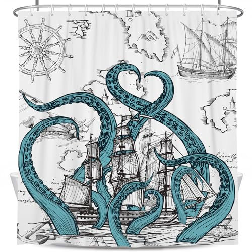 Coxila Nautischer Oktopus-Duschvorhang, extra lang, XL, lustig, cool, Kraken, Küste, Piratenschiff, Weltkarte, Herren, Anime, Vintage, Ozean, Abenteuer, Meer, seltsam, 183 x 213 cm, Polyestergewebe