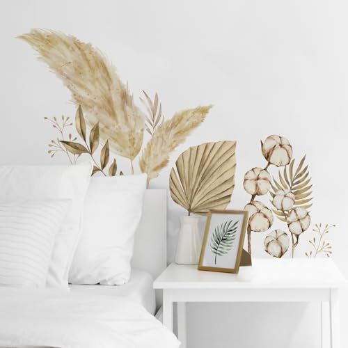 Hoppla - Sticker Mural Enfant XL - Pampas bohème naturel doré - 85x81cm - Décoration chambre - autocollant mural repositionnable, adhésif feuille de palmier, sticker mural décoratif, décoration boho
