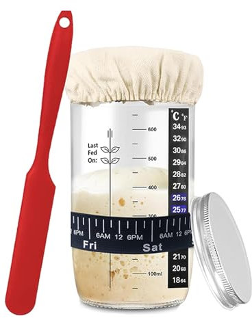 Kit de Pot de Démarrage au Levain avec Pot en Verre de 34 Oz, Bande D'alimentation Marquée par la Date, Thermomètre, Housse en Tissu et Couvercle en Métal, Fournitures de Cuisson