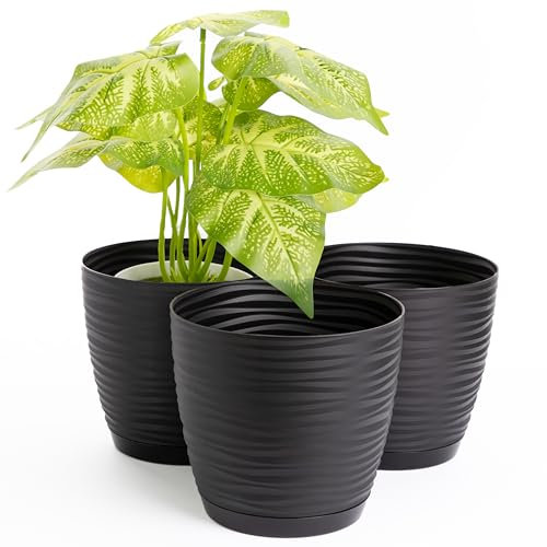 Home Garden Ornaments Wave Plant Pots Indoor, Set of 3 Indoor Plant Pot with 3D Effect, Drainage Holes, and Integrated Saucer, Plastic Flower Pots (Diameter: 15cm, Colour: Black)