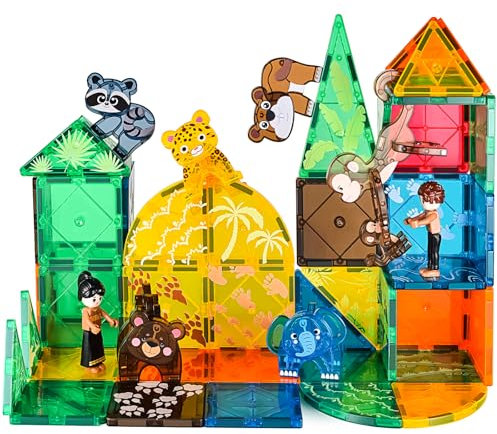 Magnetic Tiles Travel Set, Figures & Animals Toys for Kids,STEM Magnet Building Cubes Montessori Construction Toddler Toys for 3 4 5 6 7 8 9 Year Old,Birthday Gifts,Toddlers,Autism children,Girls,Boys