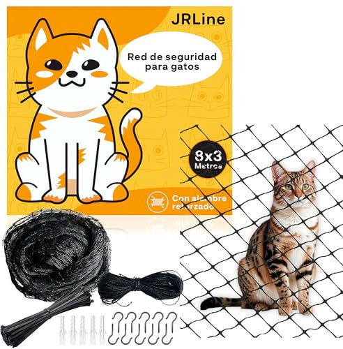 JRLine Red para Gatos Reforzada con Alambre - 8x3m - Kit de Instalación y Reparación - Redes de Protección para Gatos Ventanas - Red para Gatos Terraza - Malla para Gatos Protectora Balcón