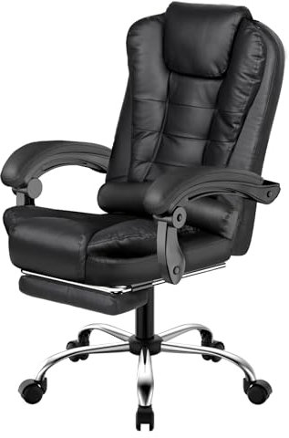 Fauteuil de Bureau Ergonomique avec Repose-Pieds Télescopique, Chaise à Dossier Haut Inclinable, Siège avec Large Assise Rembourrée, Hauteur Réglable pour Maison et Bureau, PU Noir