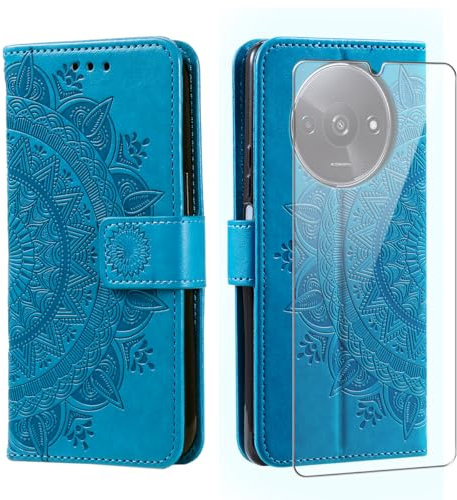 Handyhülle für Xiaomi Redmi A3 mit 1 Stück Schutzfolie, PU Leder Flip Hülle, Brieftasche Case, Standfunktion und Kartenfach Schutzhülle für Xiaomi Redmi A3 (Blau)