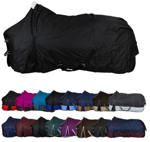 RL24 - Winterdecke Weidedecke 600D Basicline – atmungsaktive, Wind- & wasserdichte Outdoordecke mit Innenfutter & Kreuzbegurtung – Pferdedecke in Schwarz – 155cm (300g/m² Füllung)