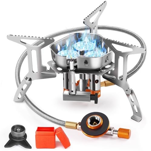 AUTOPkio Campingkocher Gas 6800W, Tragbarer Gaskocher Camping Gasherd Verbessert mit 3 Brennerköpfen Piezo Zündung Windschutz für Wandern, Trekking, Picknick, Küche Outdoor