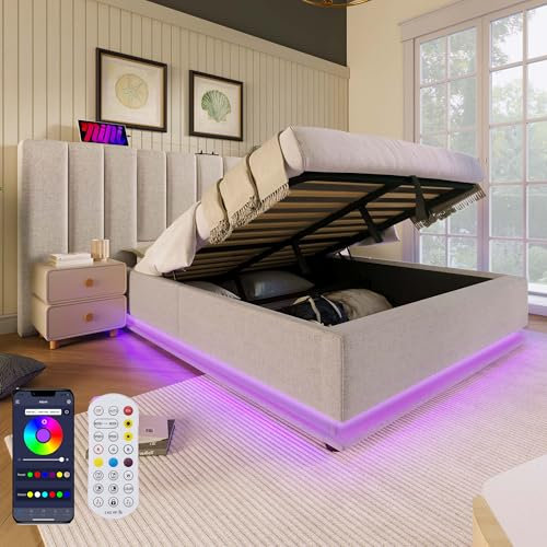 Zepneiy Lit 160x200 avec sommier à Lattes avec LED et USB, Lit Double Coffre 160x200 avec Espace de Rangement et tête de,Cadre de Rembourré Beige(sans Matelas)