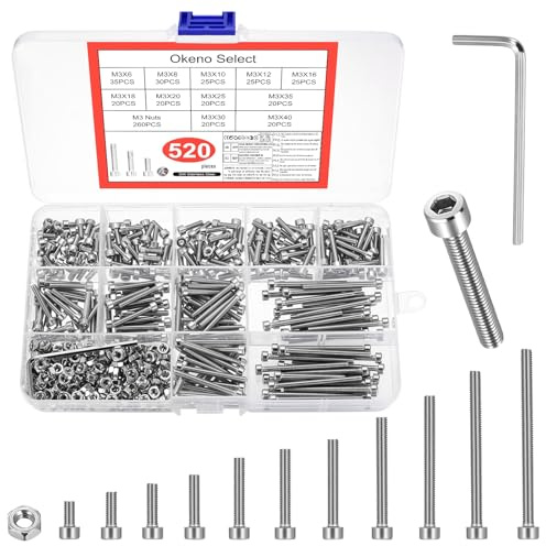 Okeno Select 520 Pcs M3 Screw Assortment Kit, Hex Bolts with Nuts Set, Machine Screws with Hex Socket Cap Head, Stainless Steel Threaded Bolts with Washers Collection for DIY & Repair