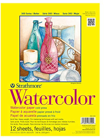 Strathmore 300 Series Watercolor Paper Pad, Tape Bound, 9x12 inches, 12 Sheets (140lb/300g) - Artist Paper for Adults and Students - Watercolors, Mixed Media, Markers and Art Journaling