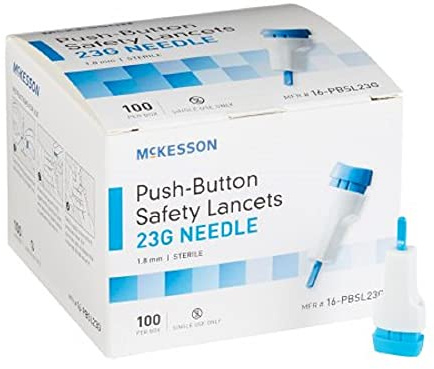 MCK16232400 - Lancet McKesson Push-Button Safety Needle 1.8 mm Depth 23 Gauge Spring-Loaded Push Button
