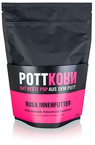 Pottkorn - Rosa Innenfutter, Popcorn mit weißer Schokolade und Himbeeren, 150 g
