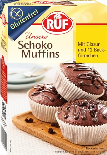 RUF Glutenfreie Muffins Schoko mit Kakaoglasur, Backmischung für schokoladige American Style Muffins, Zöliakie geeignet, inkl. 12 Muffinförmchen