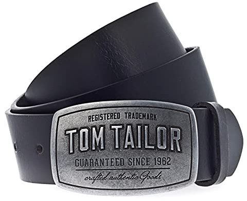 TOM TAILOR Herren Gürtel & Riemen Ledergürtel mit dominanter Logo-Schnalle black,100