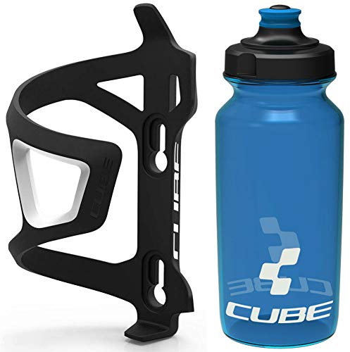 Cube HPP Right Side Loading Cage - Black/Blue & Flow Bottle - Blue, 500ml / Lightweight Bicycle Cycling Cycle Bike MTB Mountain Road Water Drink Flask Bidon Bracket Mount Holder HPA Set Accessories