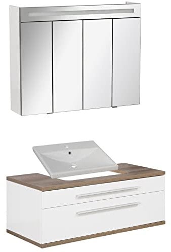 FACKELMANN weisses Badmöbel Set Stanford 3-TLG. mit Waschtisch Unterschrank hängend & Keramikbecken 110 cm & LED Spiegelschrank