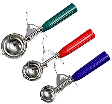 LONGLUOSI Cookie Scoop Set of 3 With Plastic Handle, Ice Cream Scoop with Trigger, Size Large（2.49 Inch）- Medium（1.97 Inch）- Small（1.58 Inch） Size Polishing 18/8 Stainless Steel Cupcake Scoop