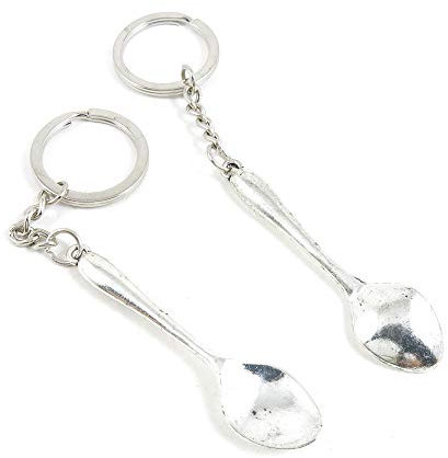 100 Pieces Antique Silver Tone Keychain Keyring Keytag A6ER8K Spoon Tablespoon Key Chain Ring Tag Jewelry Making Charms