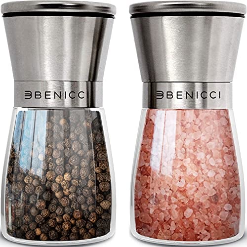 Bellissimo set di macina sale e pepe in acciaio inox – 2 shaker per spezie da 5 oz con grossolana regolabile ceramica facile pulire cucchiaio legno spazzola la pulizia.