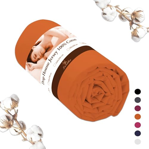 Drap Housse Jersey 100% Coton (Orange, 140x190 cm) - Grand Bonnet 30 cm - Résistant - Certifié Oeko Tex - 2 Personnes - Anti Acarien - Lavable à la Machine à Laver - Linge de lit pour Matelas épais