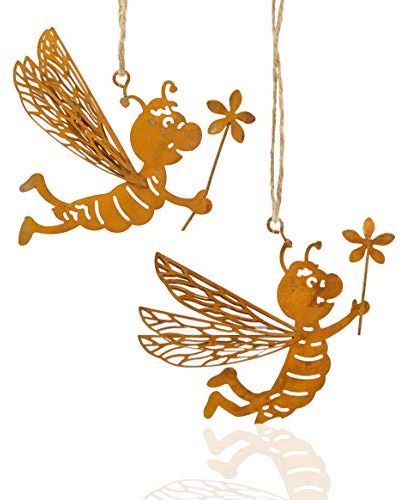 B2S BACK2SEASON Metall Bienen zum Hängen Rost Baumdeko Edelrost Frühling Sommer H=8 cm + 9 cm Hänger 2er Set