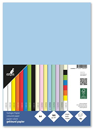 Kangaro - Tonpapier Pastell Blau DIN A4-160g/m² FSC mix – 50 pack - Briefpapier Bastelpapier DIY