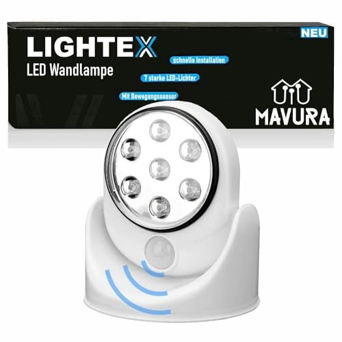 MAVURA LIGHTEX LED Wandlampe Wandleuchte Wandstrahler, LED fest integriert, Tageslichtweiß, Led, mit Bewegungsmelder kabellos Batteriebetrieben Innen Außen