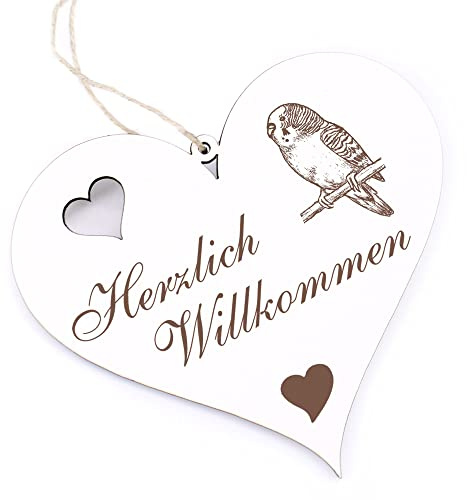 Herzlich Willkommen Schild - sitzender Wellensittich - Deko Herz Holz Willkommensschild Türschild Dekoschild Türdeko