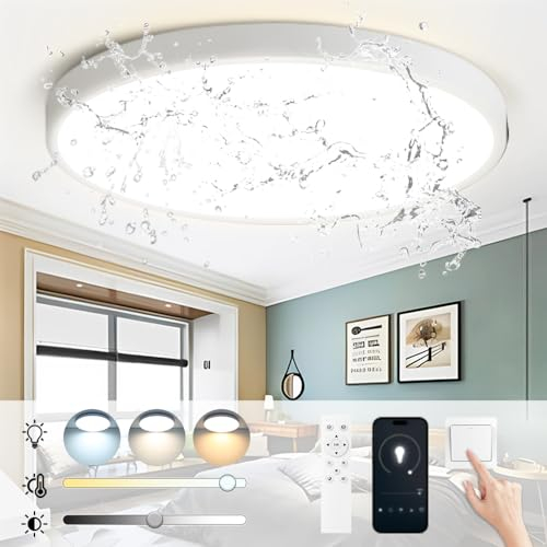CHENBEN Lampara Techo LED, 24W Plafon LED Techo Regulable IP44 3000K-6000K Plafones para Techo LED con Mando a Distancia y App 1600LM 32cm lamparas techo Dormitorio,Salon,Cocina,Pasillo,Blanco
