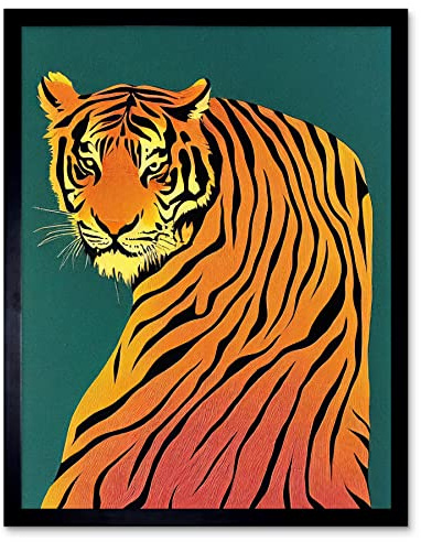 Wee Blue Coo Modern Tiger Portrait on Teal Orange Bold Art Print Framed Poster Wall Decor 12x16 inch