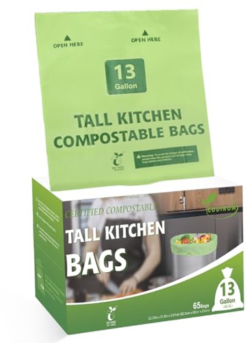 100% Compostable Trash Bags, 13 Gallon, 49.2 Liter, 0.91 Mils, 65 Count Kitchen Tall Food Scrap Compost Bags for Tall Kitchen Trash Cans with Europe EN13432 Certified