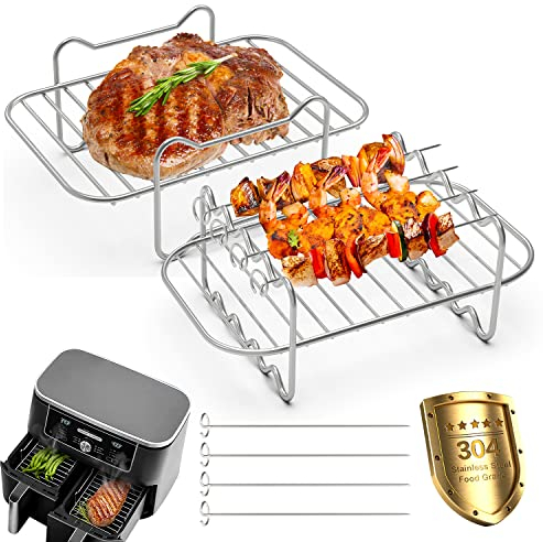 REKALRO 2Pcs Air Fryer Rack for Ninja Dual Air Fryer, Ninja Dual Zone Air Fryer Accessories, 304 Stainless Steel Grilling Rack Dehydrator Rack, Compatible with 7.6L-9.5L Double Basket Air Fryer